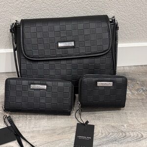 NWT London Fog Houston flap over Black Checkered Crossbody Bag Set